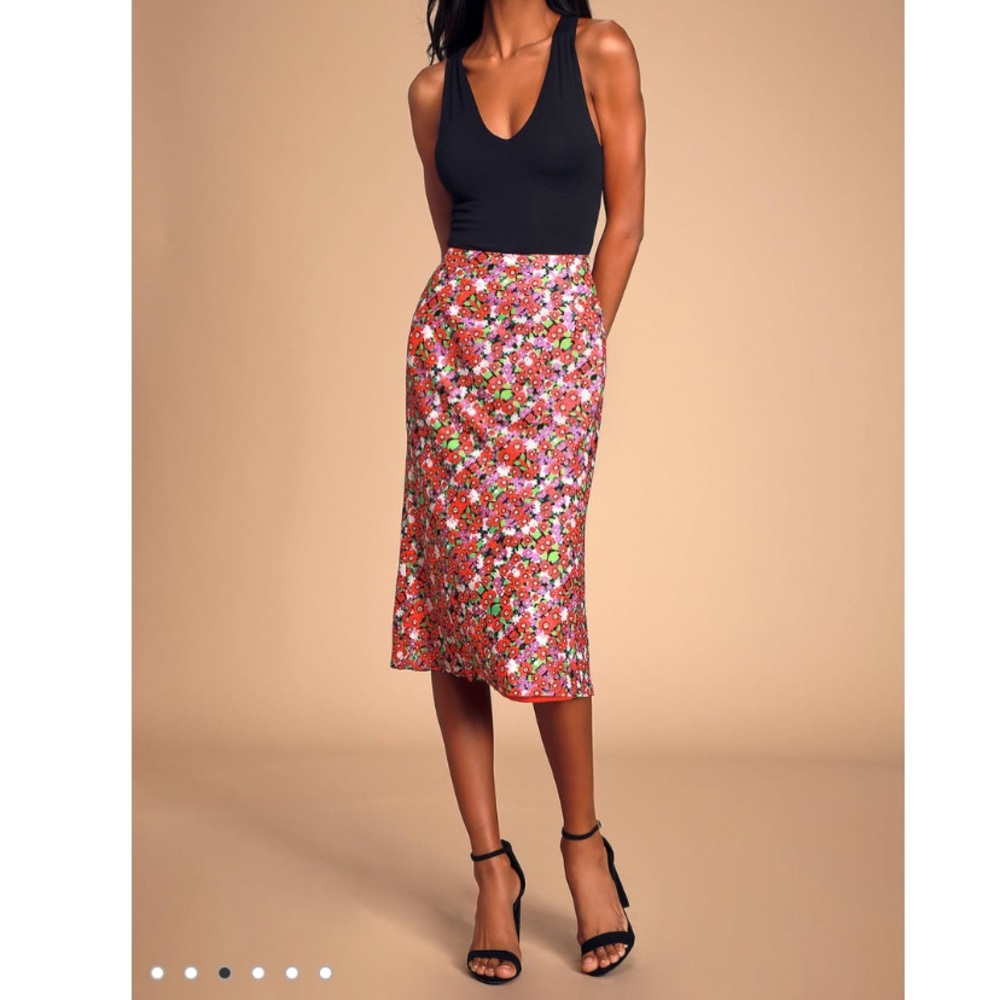 Lulus Zenia Red Multi Floral Print Midi Skirt